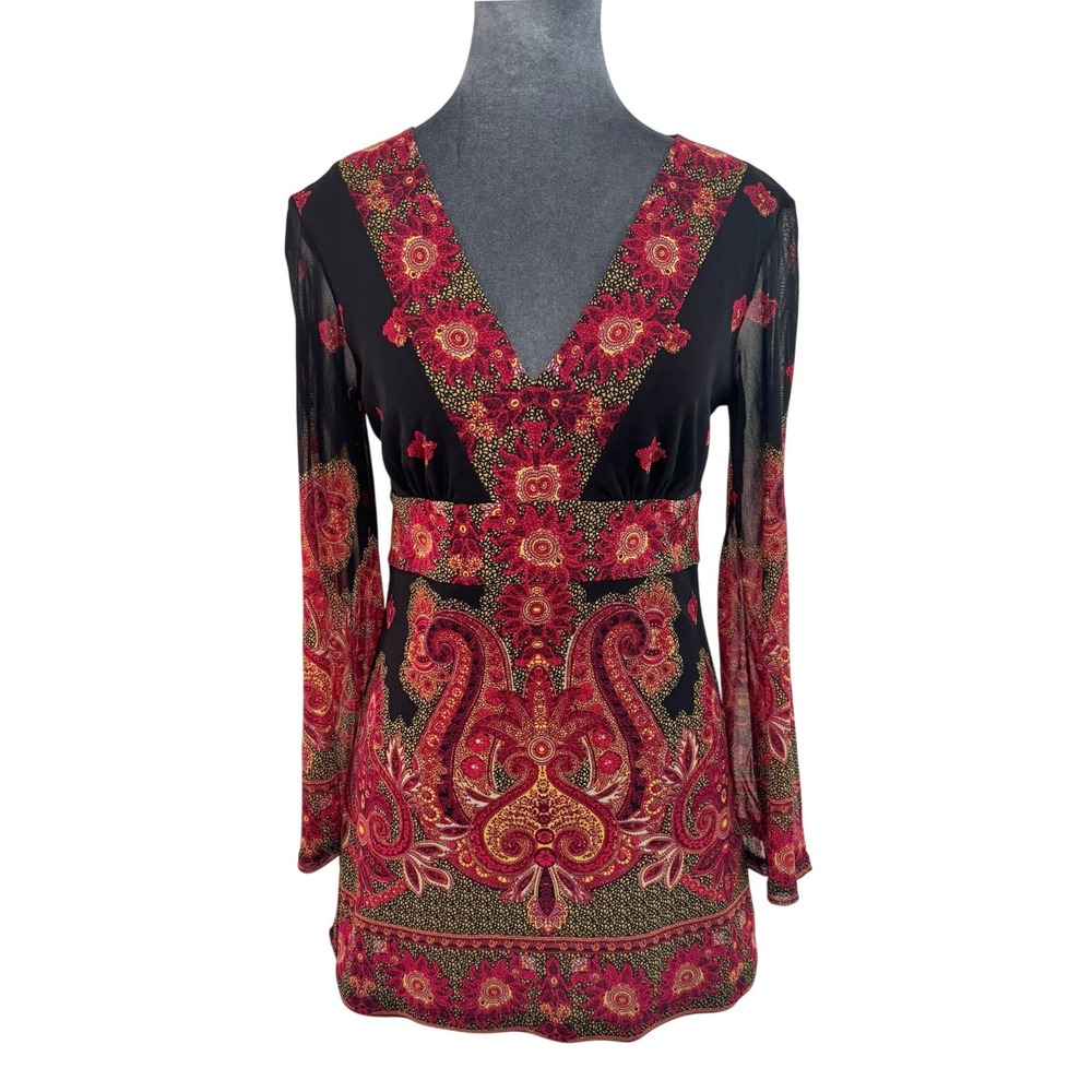 INC International Concepts Petite S Mesh Tunic Top Red Black Paisley Bell Sleeve